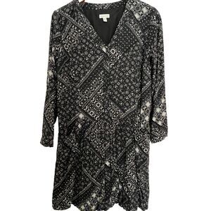 Garnet Hill Dress 4 Black Print Long Sleeve Button Front Pockets Drop Waist